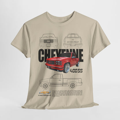 Luxurious Chevrolet Cheyenne Men's T-Shirt featuring bold graphic design, showcasing a striking red pickup truck with iconic line drawings of Chevrolet models, perfect for automotive enthusiasts.