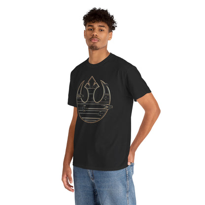 Trendy male model wearing a luxurious black T-shirt with an artistic Rebel Alliance emblem, designed for Star Wars fans who appreciate statement pieces.