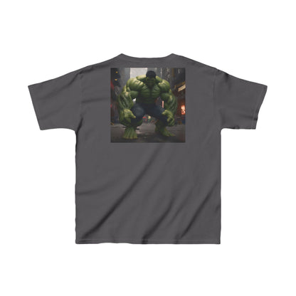 Kids Incredible Hulk Heavy Cotton T-Shirt in charcoal displaying a striking Hulk illustration on the back, designed for comfort and style.
