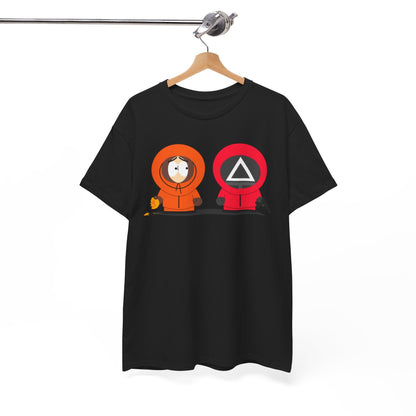 Squid Game South Park Unisex Men´s Women´s Graphic Cotton Funny T Shirt Tee displayed hanging, showcasing its unique design of two iconic characters, embodying a blend of comical elegance.