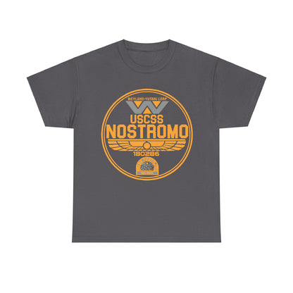 Sophisticated USCSS Nostromo Graphic Unisex Tee Shirt showcasing the striking Weyland-Yutani logo in bold orange, elegantly set against a deep grey fabric, ideal for enthusiasts of cinematic history.