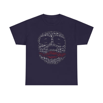 Sophisticated unisex navy t-shirt adorned with an artistic representation of the Joker, showcasing a repeating 'HA' pattern and vivid red smile, perfect for stylish casual wear.