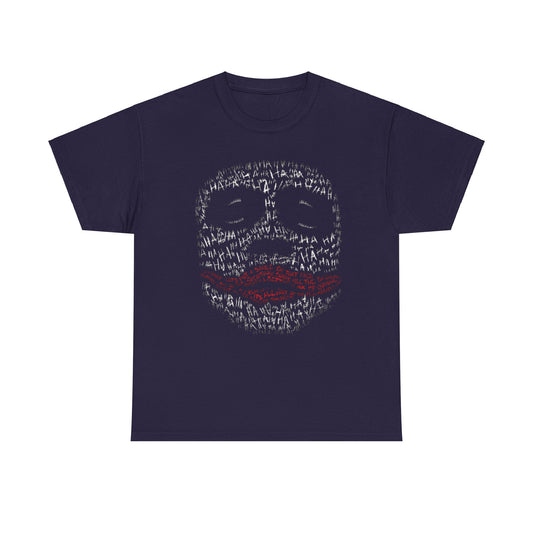 Sophisticated unisex navy t-shirt adorned with an artistic representation of the Joker, showcasing a repeating 'HA' pattern and vivid red smile, perfect for stylish casual wear.