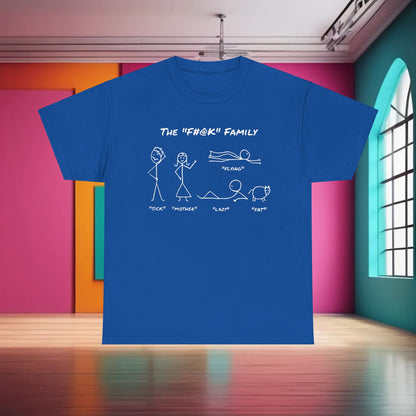 Luxurious blue cotton t-shirt showcasing a whimsical graphic of stick figures under the title "The F#@k Family", perfect for informal occasions.