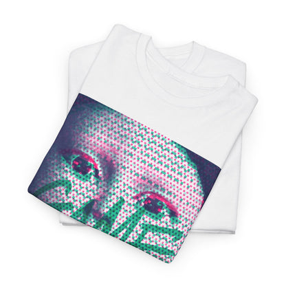 Stack of luxurious Squid Game themed t-shirts showcasing a striking graphic of a face and the words 'GAME OVER' in vivid hues, ideal for fashion-forward enthusiasts.