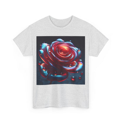 Front view of the light grey Ethereal Rose Unisex Graphic T-Shirt, displaying an enchanting and vibrant iridescent rose design.