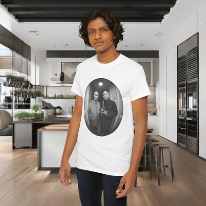 Elegant setting displaying a stylish graphic t-shirt with a whimsical portrayal of political figures, ideal for contemporary fashion enthusiasts.