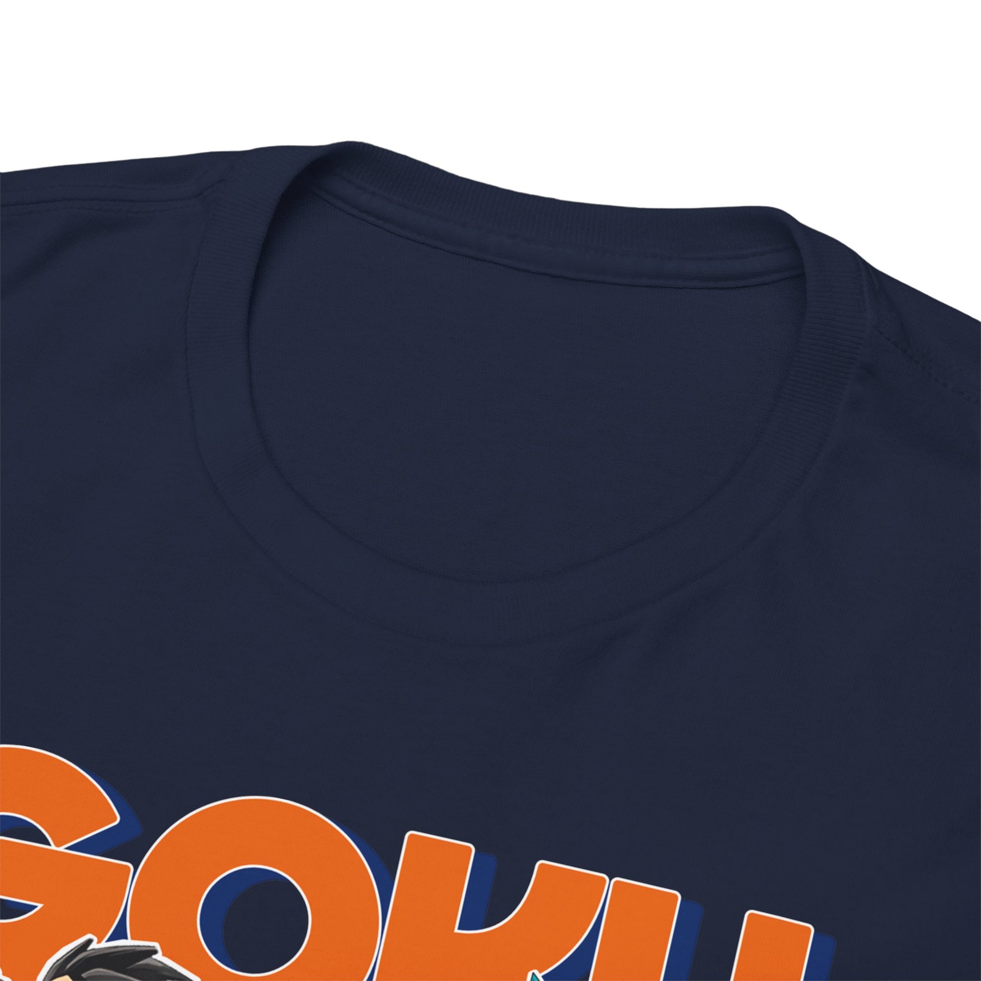 Close-up view of the GOKU Power Surge T-Shirt neckline, showcasing meticulously crafted fabric in navy blue with a prominent GOKU logo, ideal for discerning fans.
