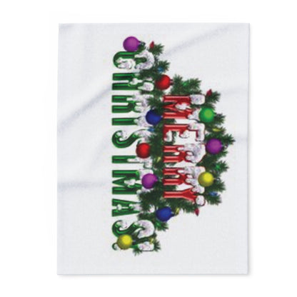 Luxurious Decorative and Warm Christmas Arctic Fleece Blanket featuring a vibrant 'Merry Christmas!' design with colourful ornaments and green foliage.