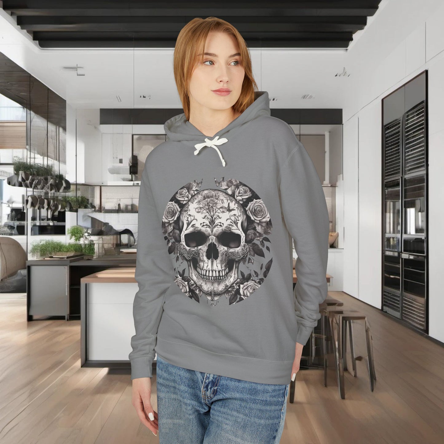 Unisex Lightweight Hooded Sweatshirt unique designer skull and roses