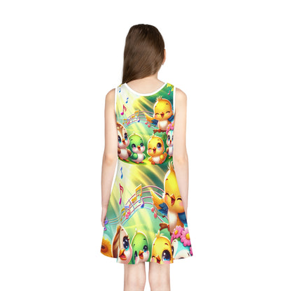 Back view of a girl in the Arabella Dior Girls Vibrant Summer Sundress, displaying playful cartoon birds and music notes, ideal for sunny adventures.