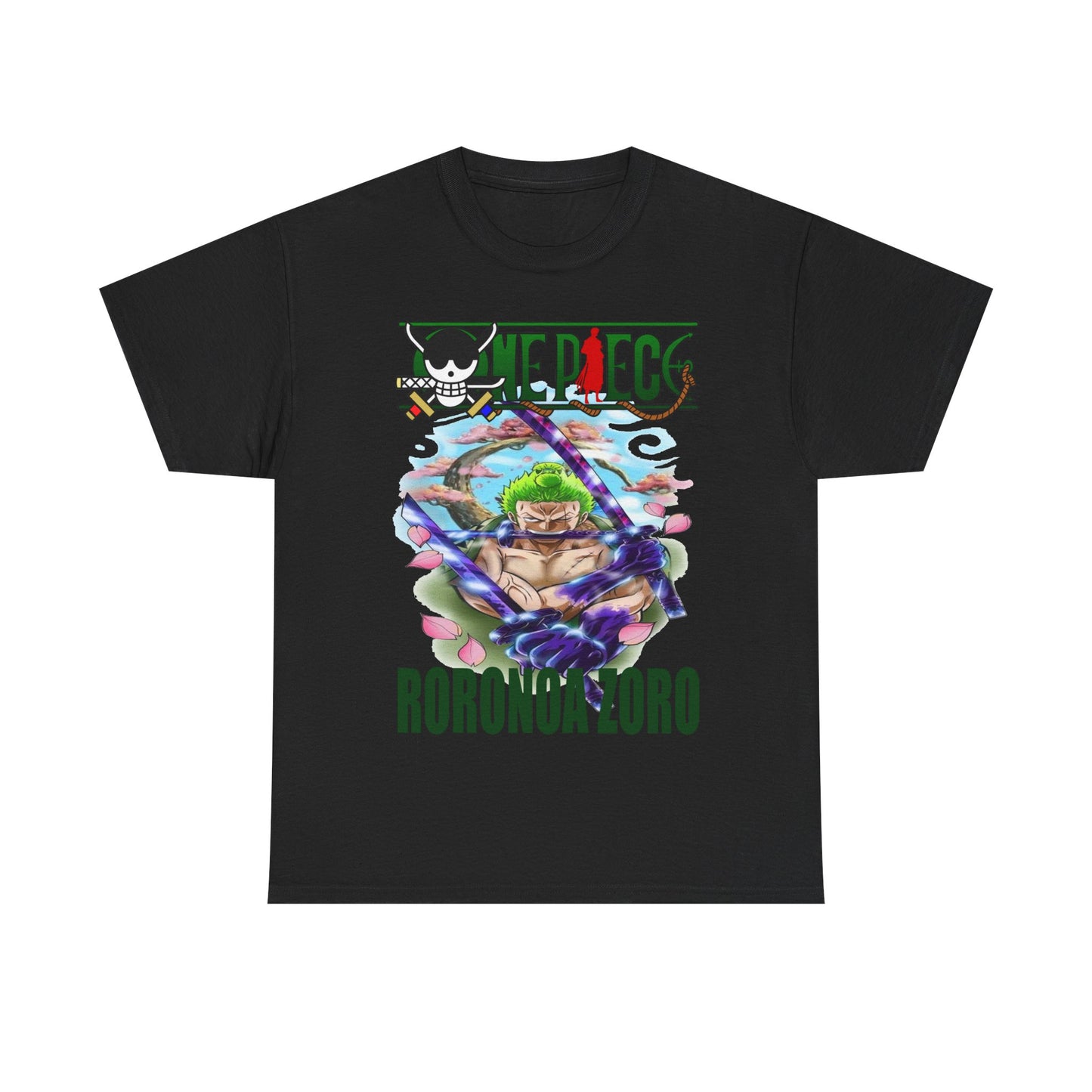 Refined black Roronoa Zoro graphic t-shirt displaying a mesmerizing illustration of the character amidst elegant floral designs, a must-have for premium anime wear.
