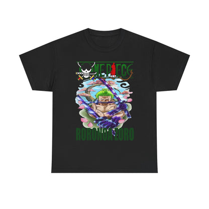 Refined black Roronoa Zoro graphic t-shirt displaying a mesmerizing illustration of the character amidst elegant floral designs, a must-have for premium anime wear.