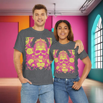 Luxury Skulls and Roses Cotton Tee modelled by a man and woman, showcasing vibrant graphic design featuring skulls and roses on a stylish grey fabric.