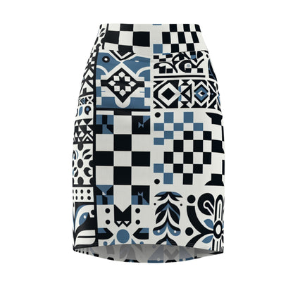 Lorelei Beaumont Elegant Pencil Skirt by Dazzling Dreams Studio featuring a striking checkerboard pattern on a bright white background, showcasing luxurious style and sophistication.