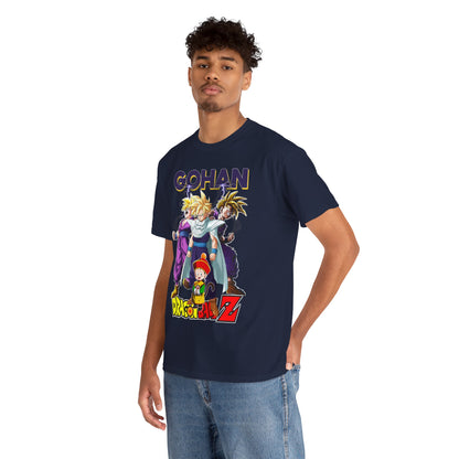 Elegant model showcasing the Gohan Ascends T-Shirt, featuring dynamic Dragon Ball Z graphics, styled in a casual yet luxurious fashion.