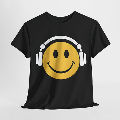 Enchanted Harmony Graphic T-Shirt featuring a vibrant yellow smiley face with white headphones on a sleek black cotton tee, embodying a blend of playful nostalgia and high-end fashion for the discerning individual.
