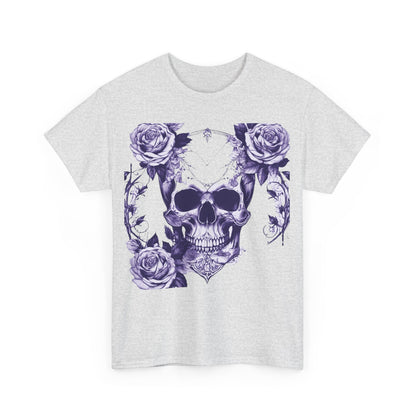 Front view of the Skulls and Roses Cotton Tee displaying an intricate skull with roses graphic in purple, embodying a unique edgy aesthetic.