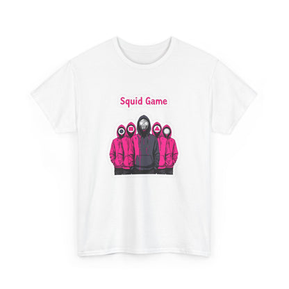 A luxurious Squid Game Unisex T-Shirt featuring striking graphic design. The shirt showcases haunting pink hooded figures with a central dark figure, perfectly blending style with a pop culture reference.