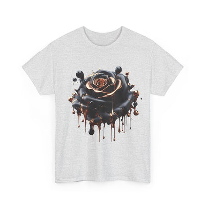 Close-Up Abstract Rose Unisex Cotton Tee Graphic T Shirt in grey showcasing an intricate artistic rose design with flowing molten elements.