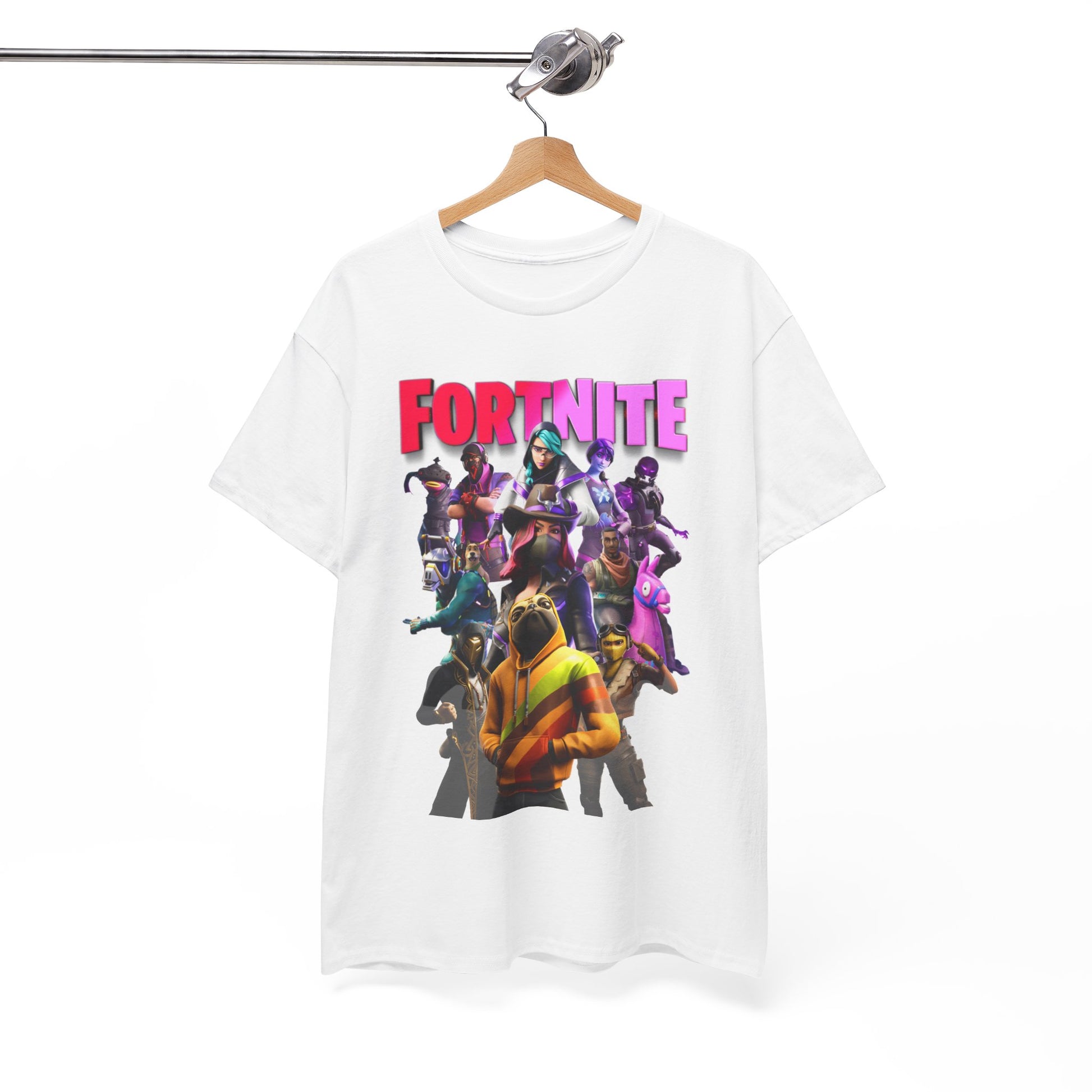 Elevate your wardrobe with the luxury Fortnite Squad Drip T-Shirt, showcasing vibrant characters and bold 'FORTNITE' lettering, artistically displayed.