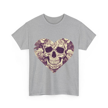Skulls and Roses Cotton Tee featuring a striking skull and rose graphic in a heart shape, perfect for alternative fashion enthusiasts.