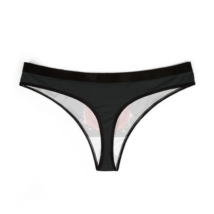 Luxurious black women's thong featuring playful graphic design with red lips and heart-shaped tongue, perfect for cheeky romantic occasions.