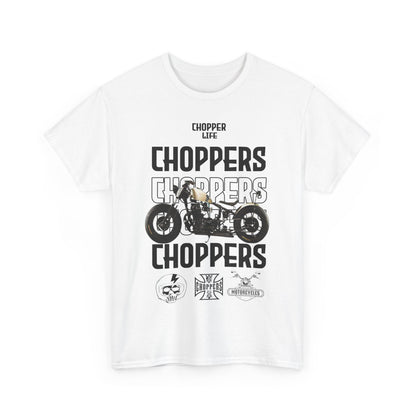 Chic white T-shirt displaying the 'CHOPPERS' graphic with a vintage motorcycle, crafted for the discerning motorcycling enthusiast.