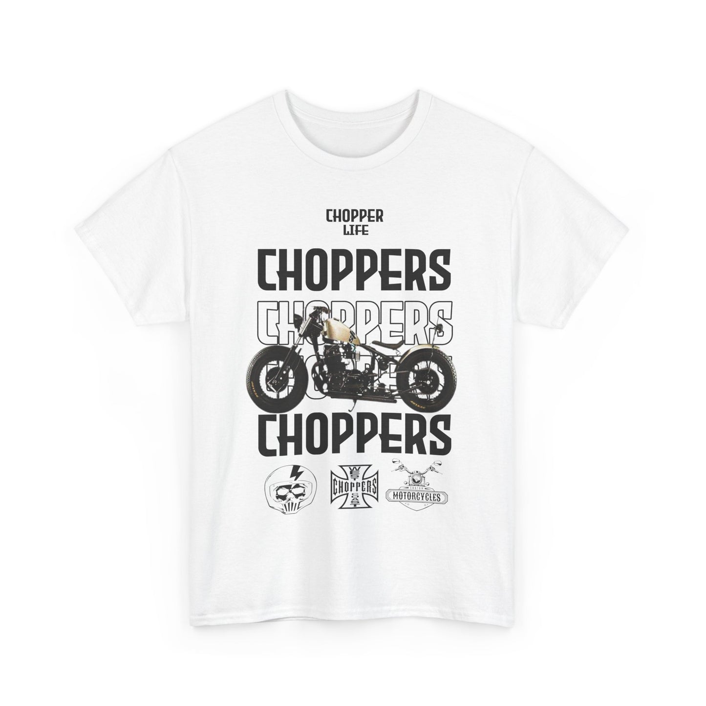 Luxury men's T-shirt featuring the 'CHOPPERS' graphic design, showcasing bold typography and a stylish chopper motorcycle illustration. Ideal for biker apparel enthusiasts.