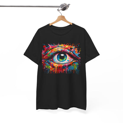 Stylish black t-shirt hanging on a wooden hanger, showcasing an intricate eye design with vivid hues, exemplifying creativity and contemporary style.