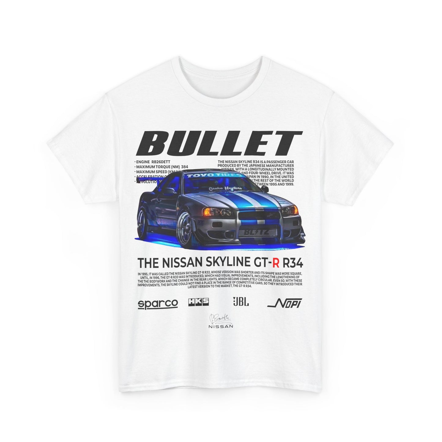 Chic white T-shirt featuring Nissan Skyline GT-R R34 graphic, including detailed engine specs, perfect for fans of high-performance cars.