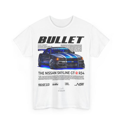 Chic white T-shirt featuring Nissan Skyline GT-R R34 graphic, including detailed engine specs, perfect for fans of high-performance cars.