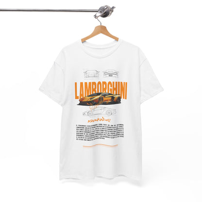 Luxury white t-shirt featuring a striking Lamborghini Aventador graphic, showcasing detailed sketches of the car's design.