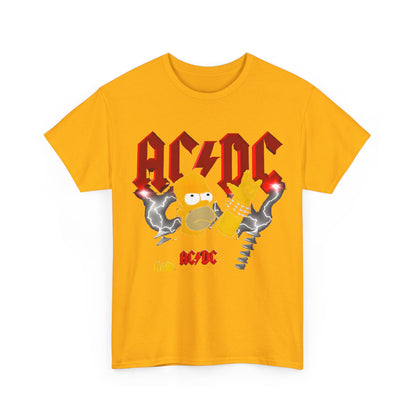 Homer Rock & Roll Unisex Cotton Tee Graphic T Shirt in vibrant yellow, displaying Homer Simpson in a striking pose with an AC/DC logo and dynamic lightning graphics.