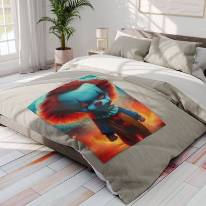 Stylish Decorative and Warm Halloween Pennywise IT Spooky Arctic Fleece Blanket elegantly placed on a luxurious bed, featuring a striking clown image that adds a touch of theatrics to bedroom décor.