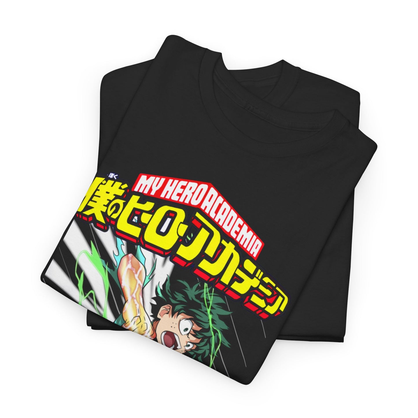Luxurious black Izuku Midoriya T-shirt featuring vibrant 'My Hero Academia' graphics, perfect for showcasing anime fandom in style.