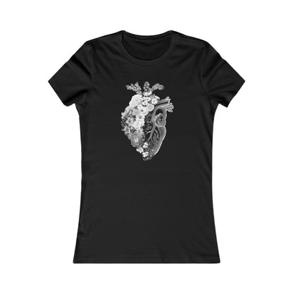 Floral Heart Sexy Women's Graphic Cotton Funny T-Shirt Tee featuring an intricate anatomical heart design surrounded by delicate flowers on a black fabric.