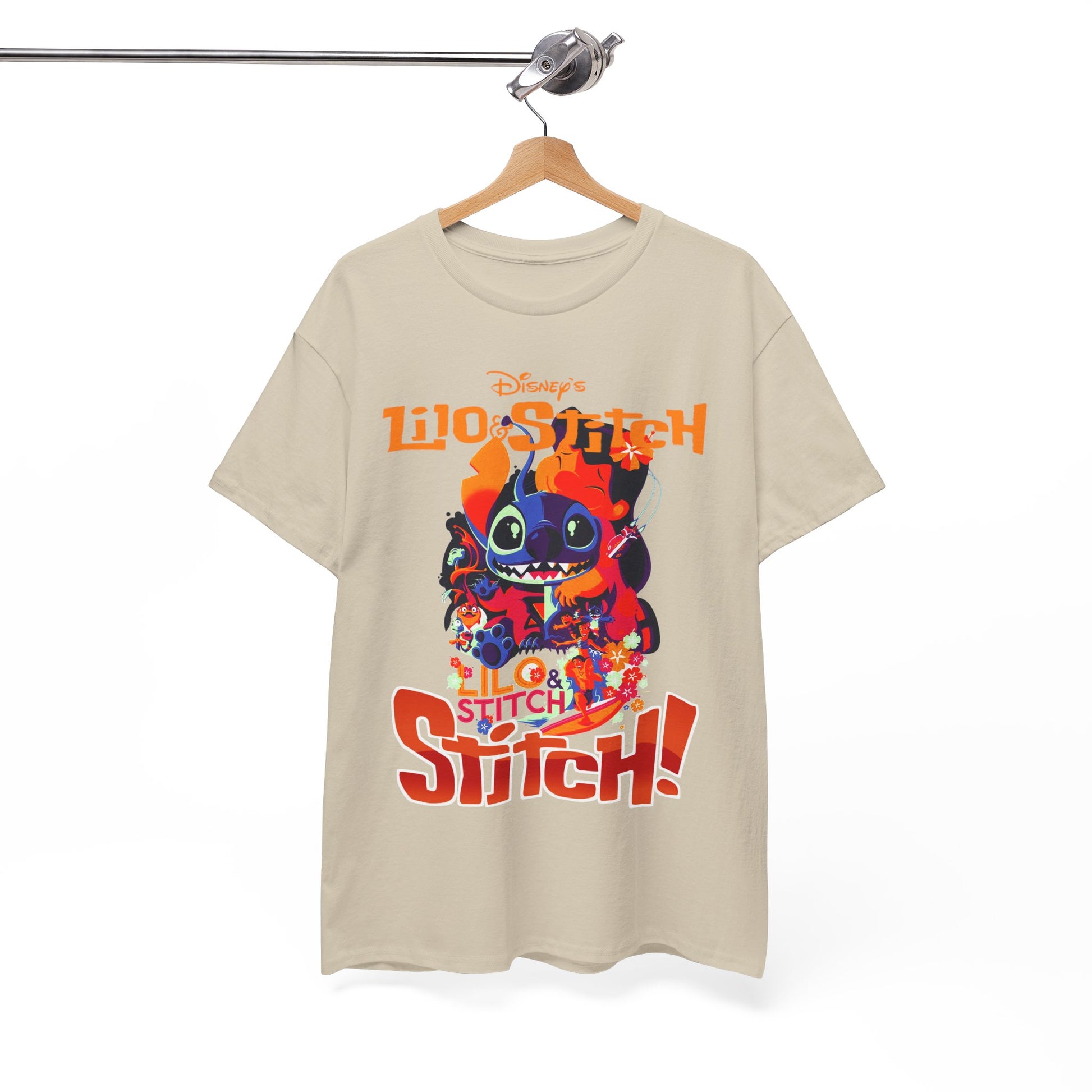 Sophisticated Lilo & Stitch t-shirt elegantly hanging on a wooden hanger, showcasing its captivating design and luxurious fabric, a perfect addition for any Disney enthusiast.