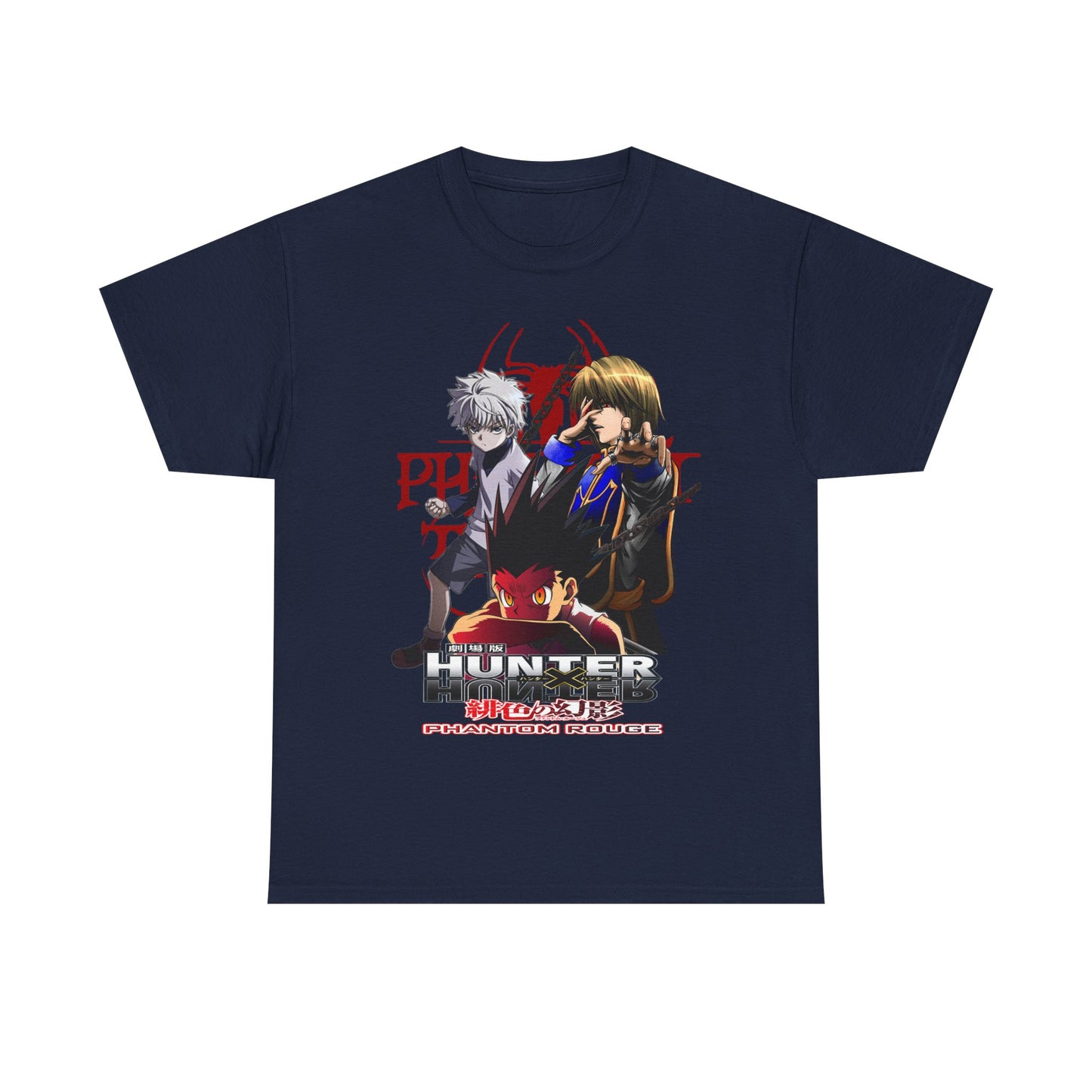 Sleek navy T-shirt adorned with a striking graphic of beloved Hunter x Hunter characters. The premium design highlights Gon, Killua, and Hisoka, making it an exquisite addition for passionate anime fans.