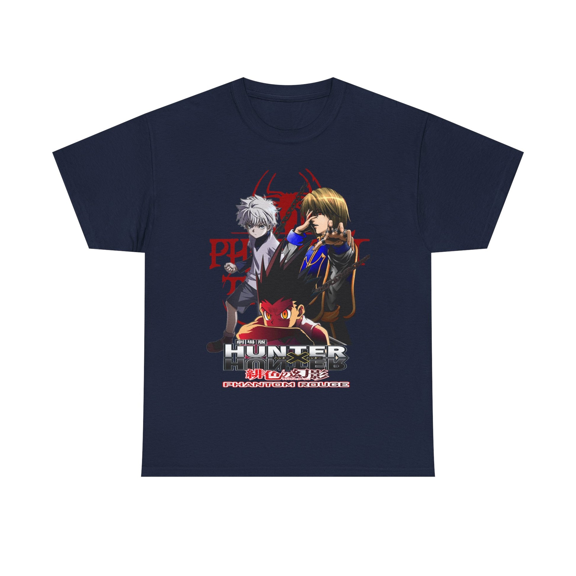Sleek navy T-shirt adorned with a striking graphic of beloved Hunter x Hunter characters. The premium design highlights Gon, Killua, and Hisoka, making it an exquisite addition for passionate anime fans.