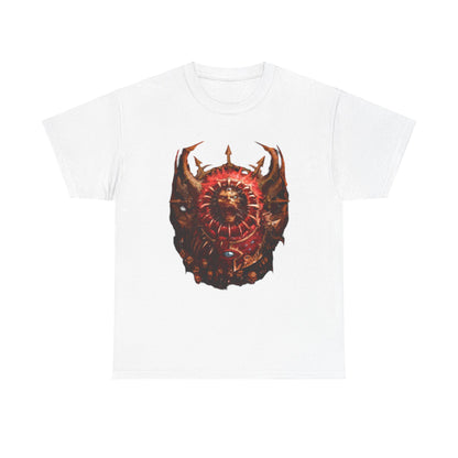 High-end white t-shirt with elaborate Warhammer-themed artwork, displaying a powerful artistic depiction of a lion-like entity framed by sharp spikes and detailed symbols.