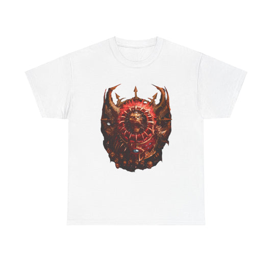 High-end white t-shirt with elaborate Warhammer-themed artwork, displaying a powerful artistic depiction of a lion-like entity framed by sharp spikes and detailed symbols.