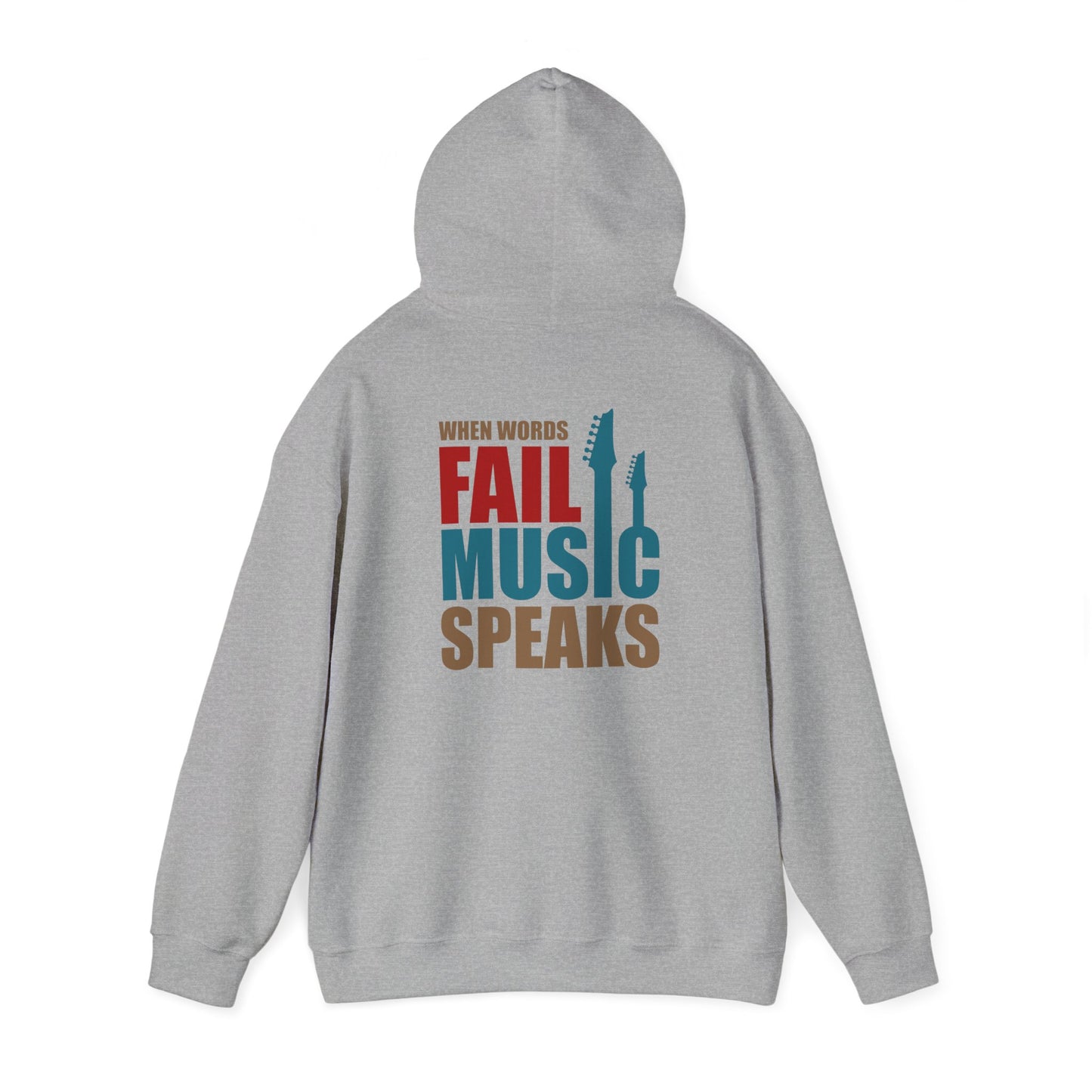 Stylish grey hoodie displaying striking text and guitar silhouettes, perfect for music enthusiasts.