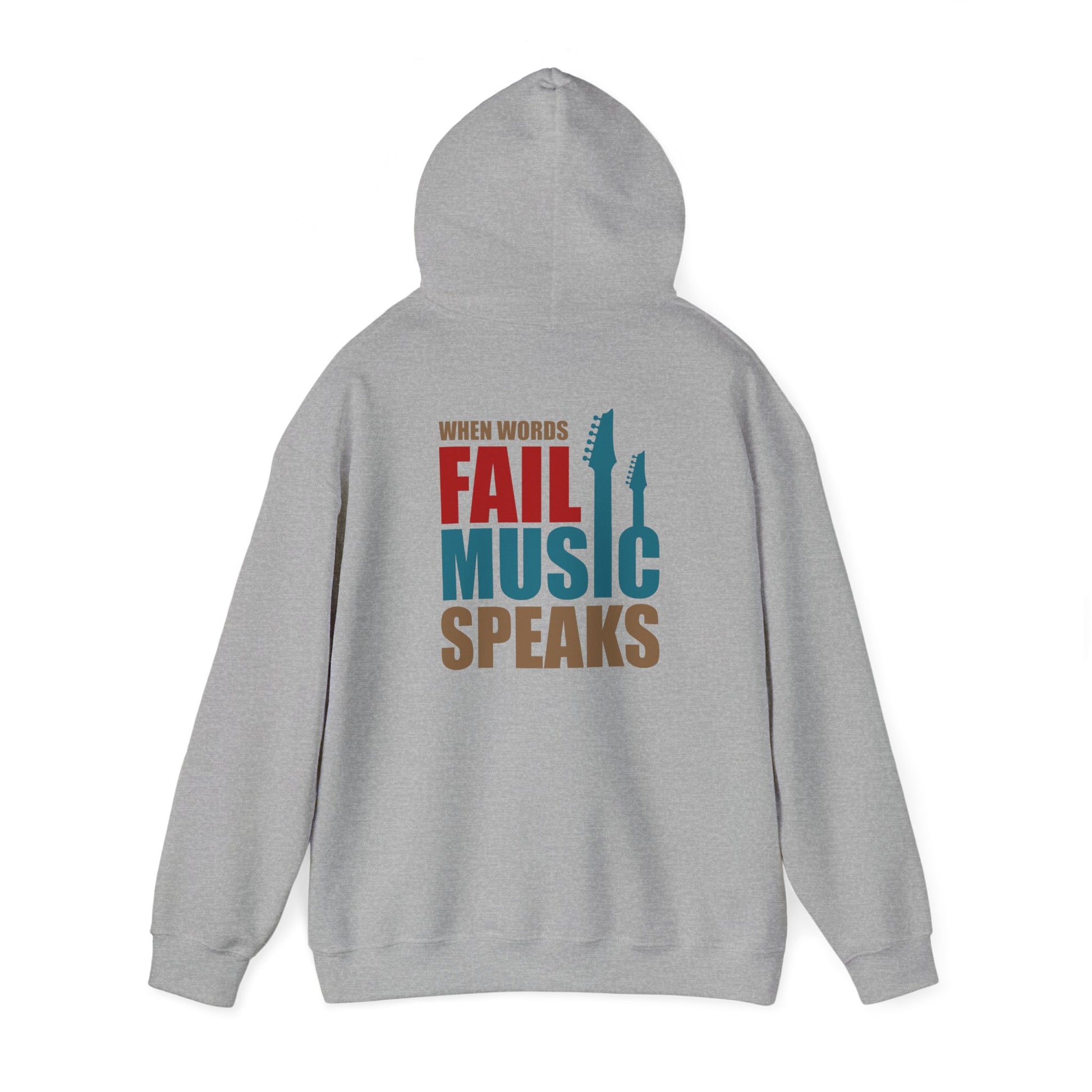 Stylish grey hoodie displaying striking text and guitar silhouettes, perfect for music enthusiasts.