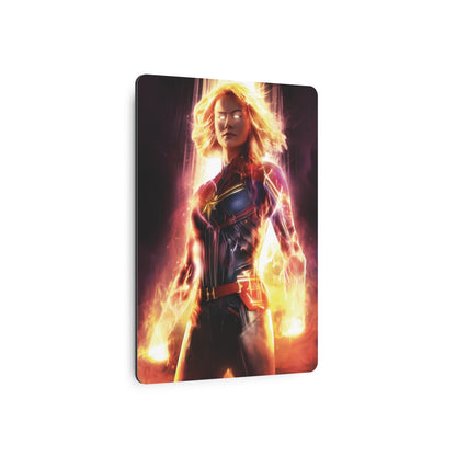 Close-up of the Captain Marvel Metal Art Poster, capturing the fierce expression and dynamic colours against a sleek background.