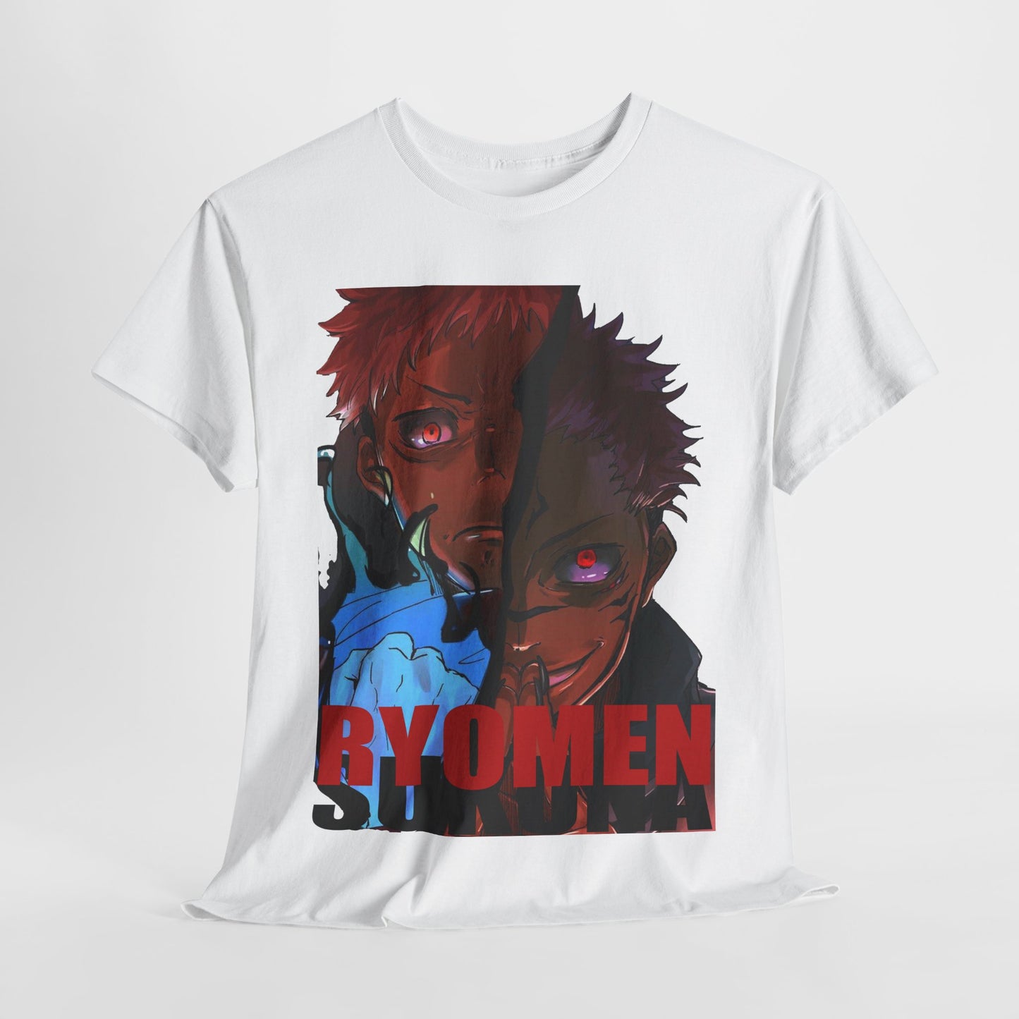Luxury Ryomen Sukuna anime t-shirt in white featuring striking graphic art of two characters, embodying boldness and style.