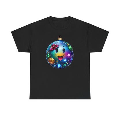 Festive Cheer Christmas Bauble Unisex Cotton T-Shirt Graphic Tee, featuring a vibrant blue Christmas ornament with a cheerful smiley face adorned with swirling gradients, sparkling stars, and festive decorations on a classic black t-shirt.