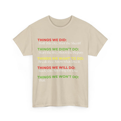 Front view of the elegant Rock Anthems Tribute Unisex Cotton T-Shirt Graphic Tee showcasing vibrant rock anthem phrases, perfect for expressing a passionate lifestyle.