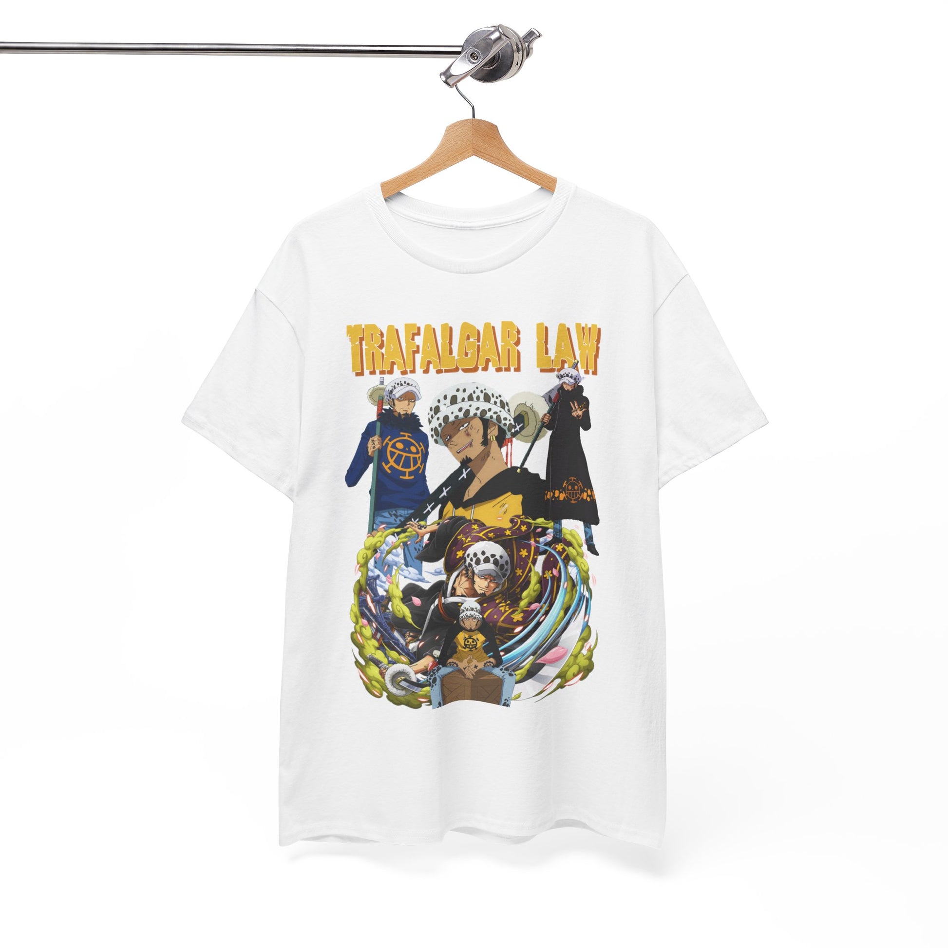 Chic display of a Trafalgar Law mens T-shirt on a wooden hanger, highlighting its vibrant design and premium quality fabric.