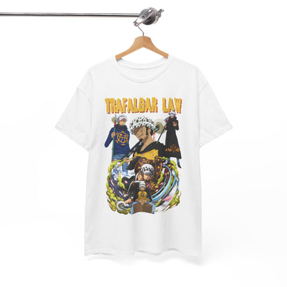 Chic display of a Trafalgar Law mens T-shirt on a wooden hanger, highlighting its vibrant design and premium quality fabric.